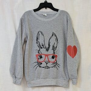 Bunny With Glasses Gray Sweatshirt Heart Sleeve Small